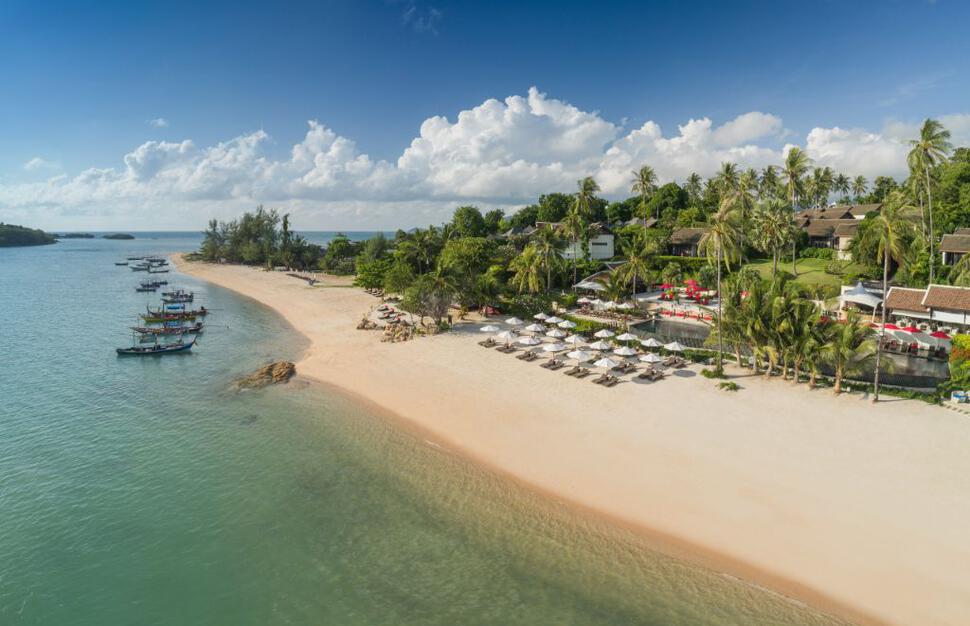 Aerial view of the hotel and beach