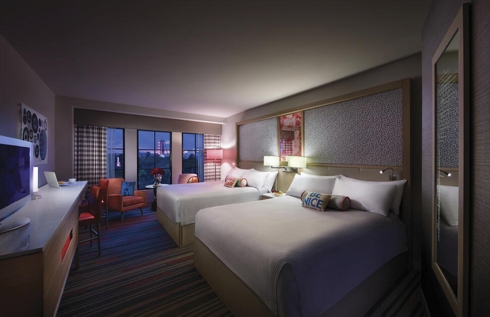 Standard double room, bedroom, night time, Hard Rock Hotel, Universal, Florida, Orlando, USA