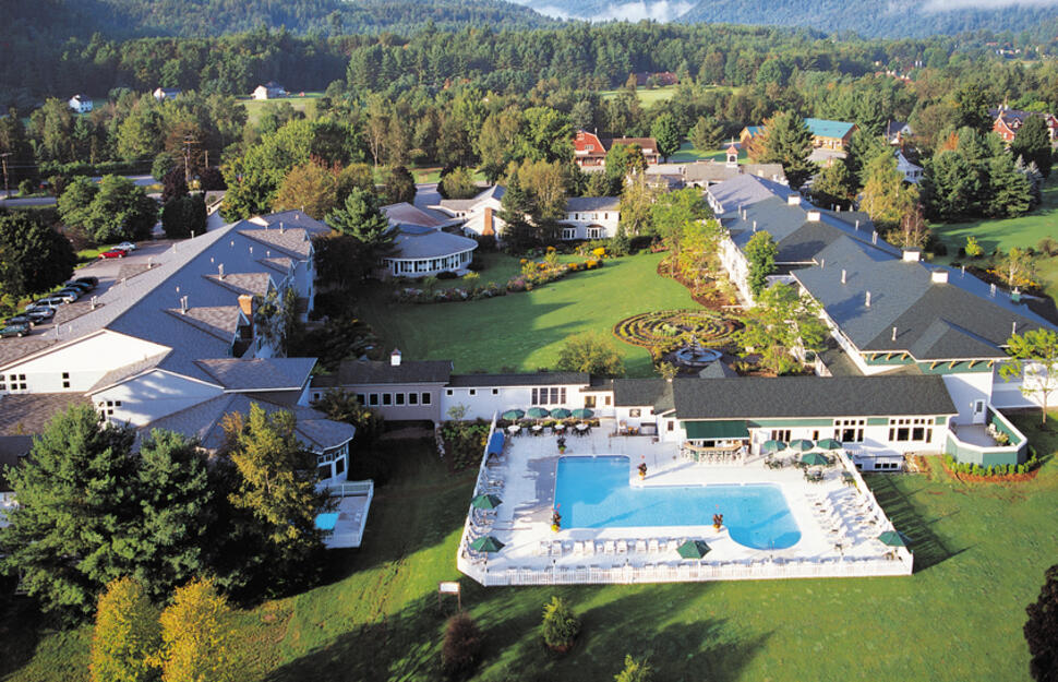 Aerial shot of the Stoweflake Mountain Resort, Stowe, USA.