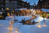 Winter evening outside Village at Mammoth condominiums, Mammoth Mountain, California, USA.