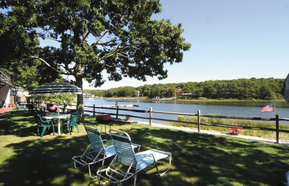 View of grounds at Green Harbor Waterfront Lodge in Falmouth Massachusetts.