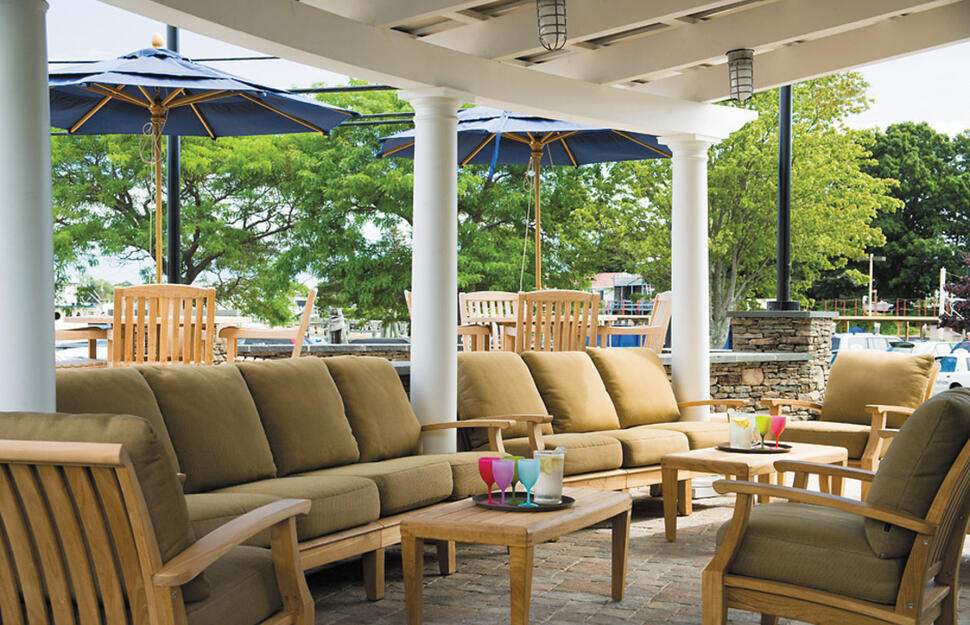 Outdoor patio, Aerial view, Hyannis Harbor Hotel, Hyannis Harbor, Massachusetts, USA