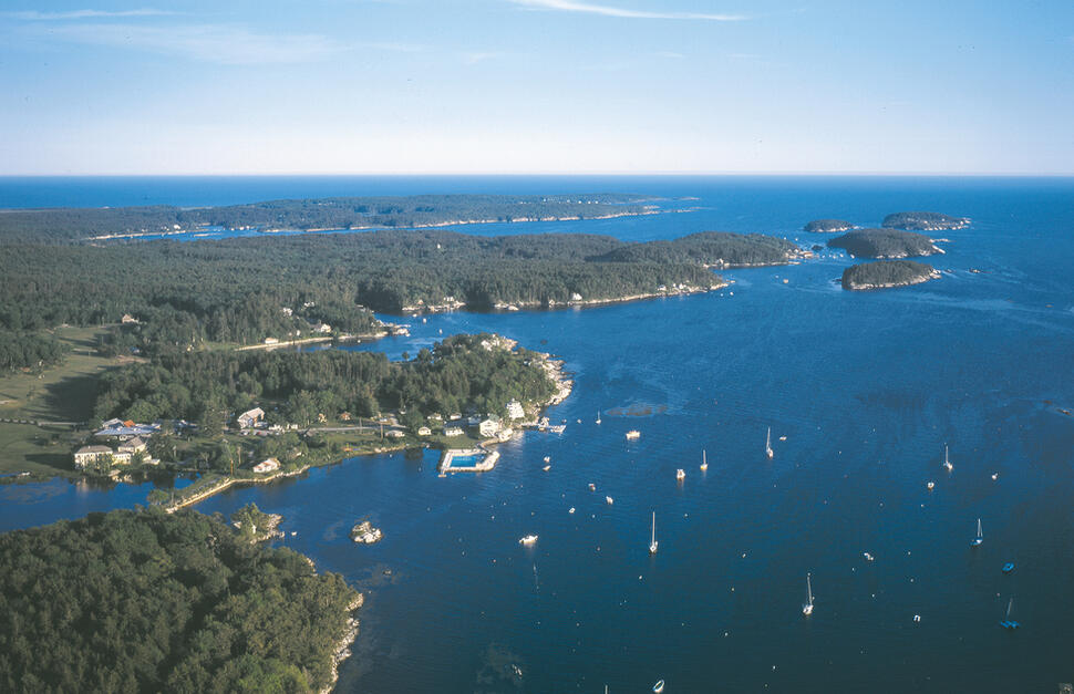 Aerial shot of Sebasco Harbor Resort.