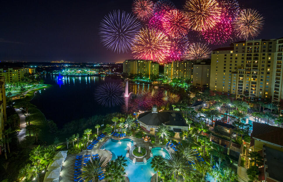 hotel exterior, night time,