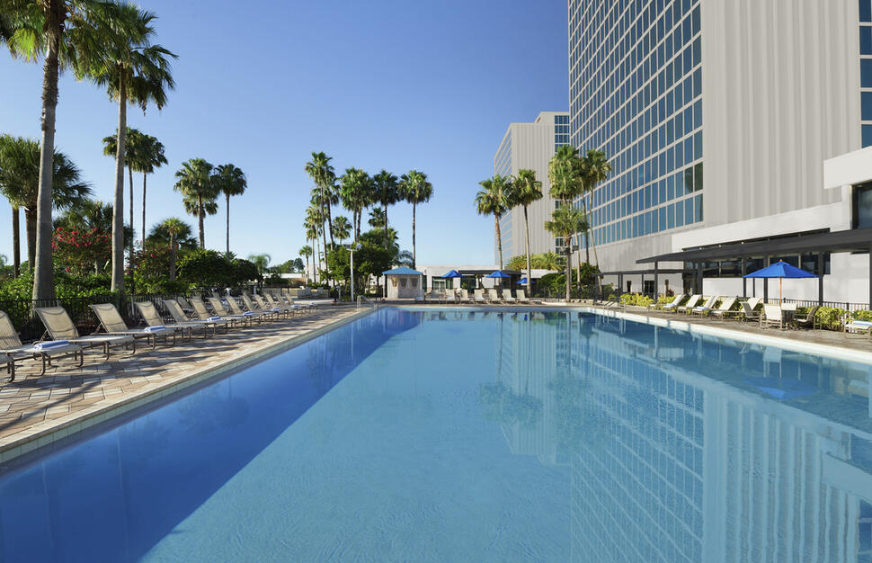 Swimming pool, sunloungers, palm trees, hotel gardens, hotel building