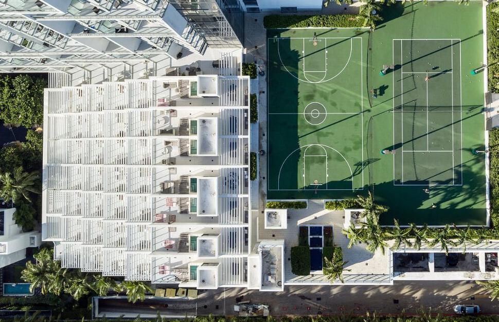 Aerial view of hotel and sports courts