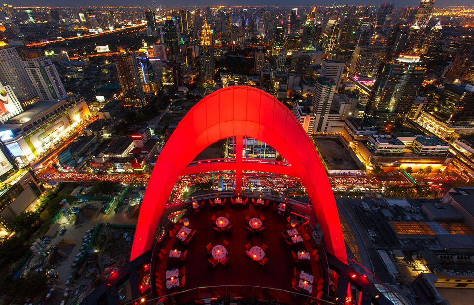 Red Sky Restaurant, Dining, Eat, Drink, Food, Centara Grand at Centralworld, Thailand, Bangkok, Far East, City, Nighttime, City lights