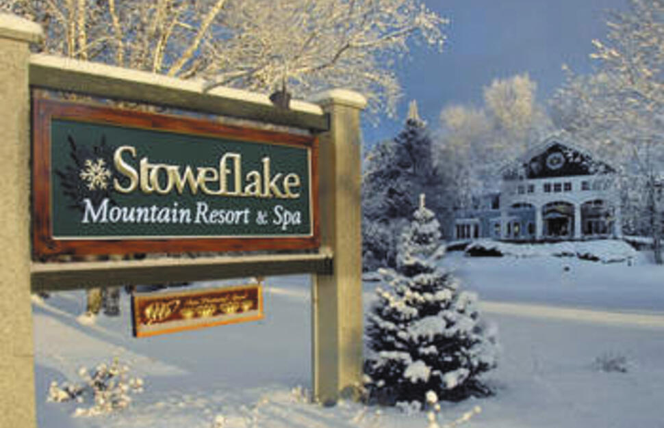 Winter Front Entrance, Stoweflake Mountain Resort & Spa, Stowe, Vermont, USA