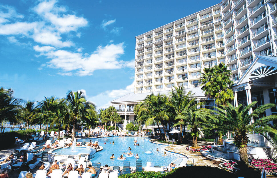 Hotel and pool at Sanibel Harbour Resort and Spa in Florida, USA.