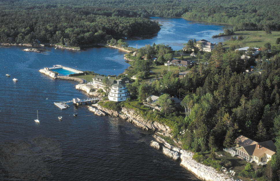 Aerial shot of Sebasco Harbor Resort, Maine