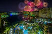 hotel exterior, night time,