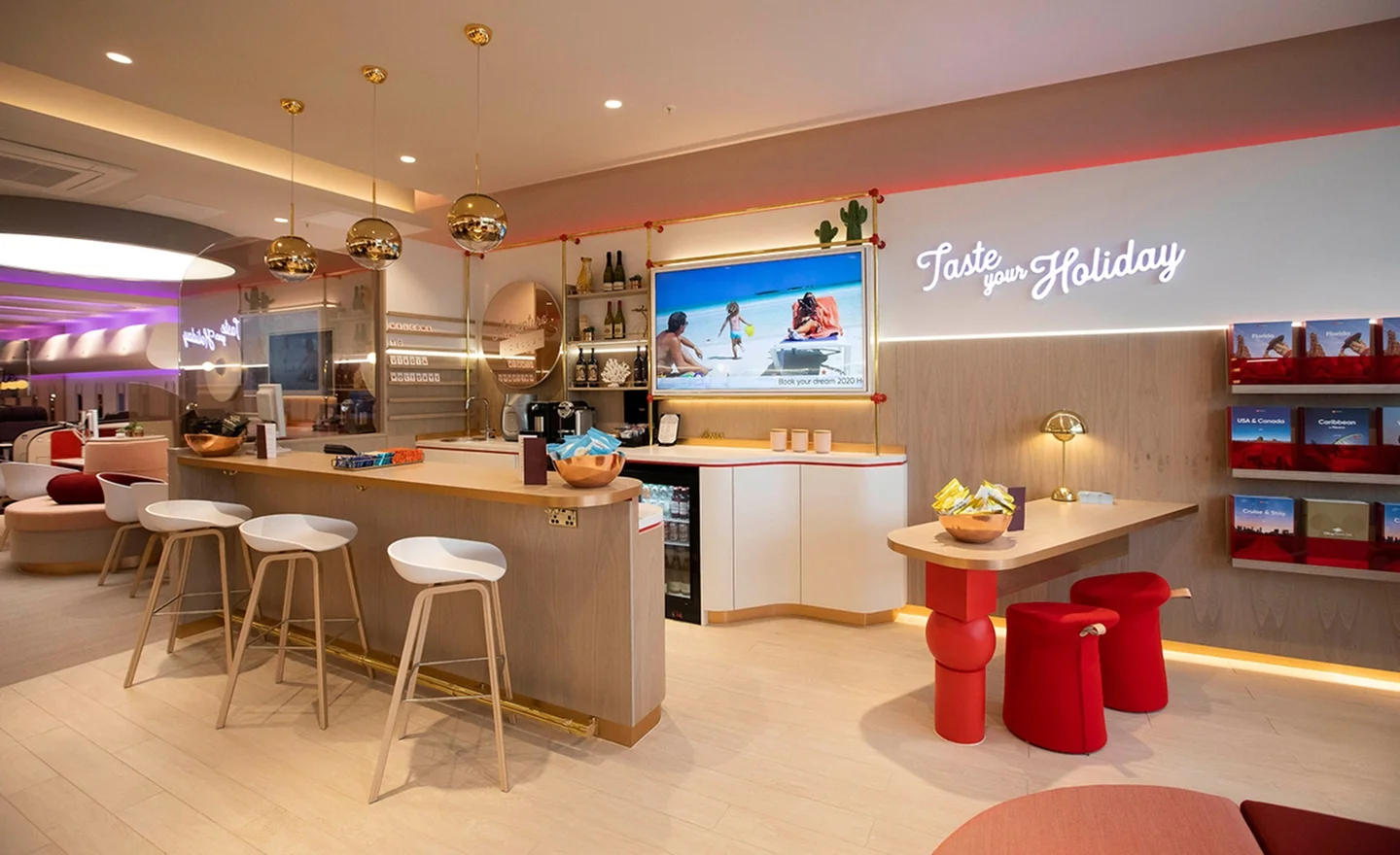 Default Virgin Holidays store interior with wood counters white stools red seating and brochure displays