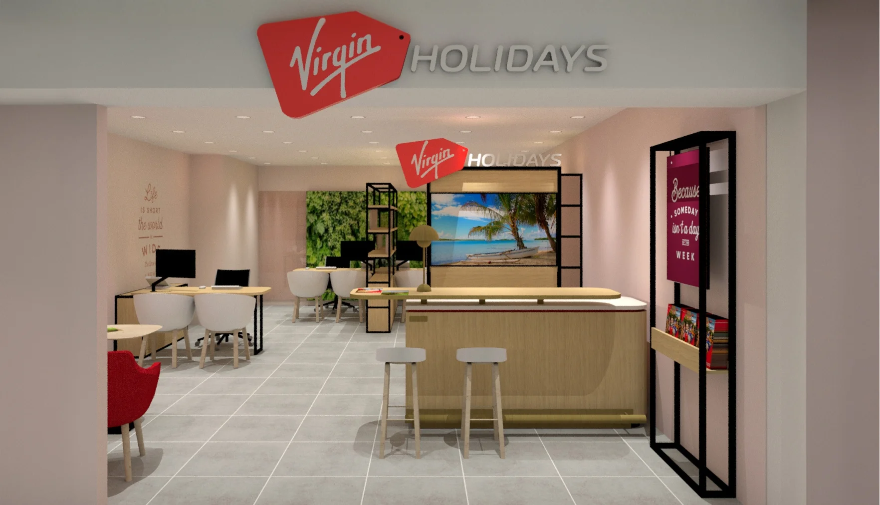 Virgin Holidays Cheltenham Next store interior with consultation desks a central counter and a beach display screen