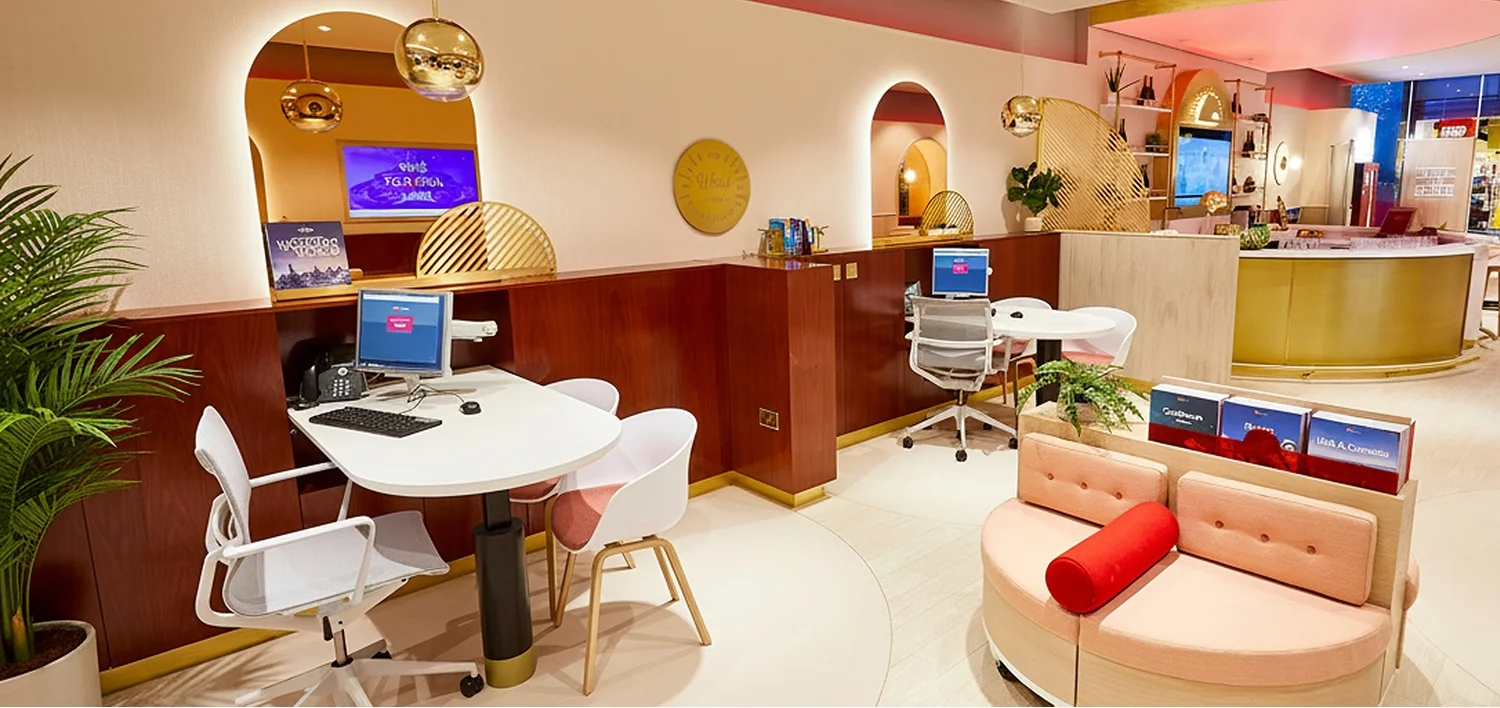 Virgin Holidays Vroom Liverpool interior with round consultation tables a pink circular sofa and a gold reception desk