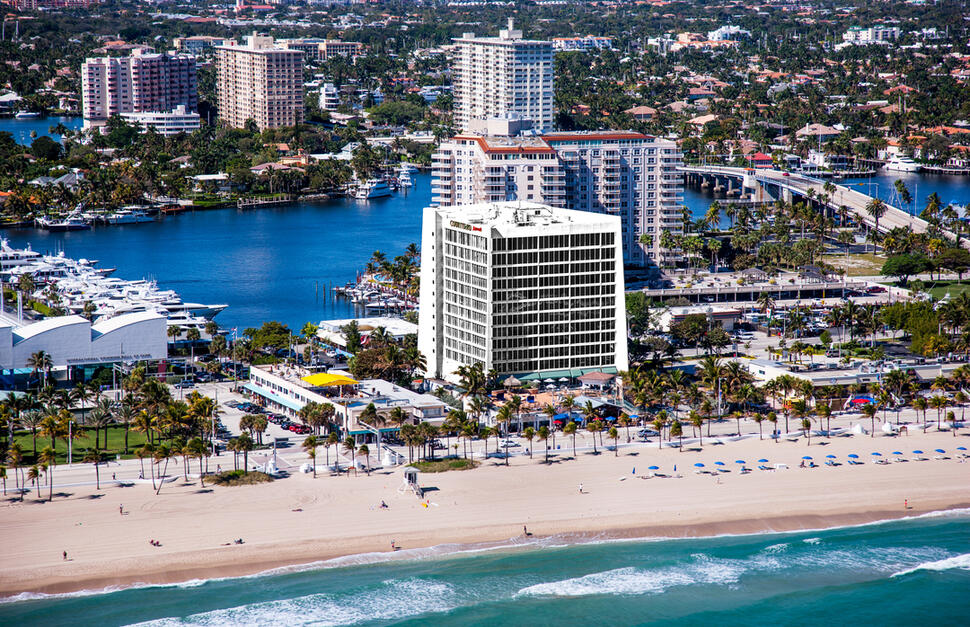 Aerial view of hotel and beach