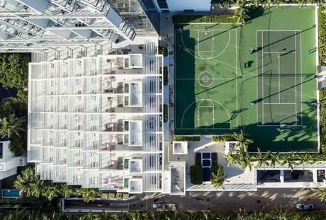 Aerial view of hotel and sports courts