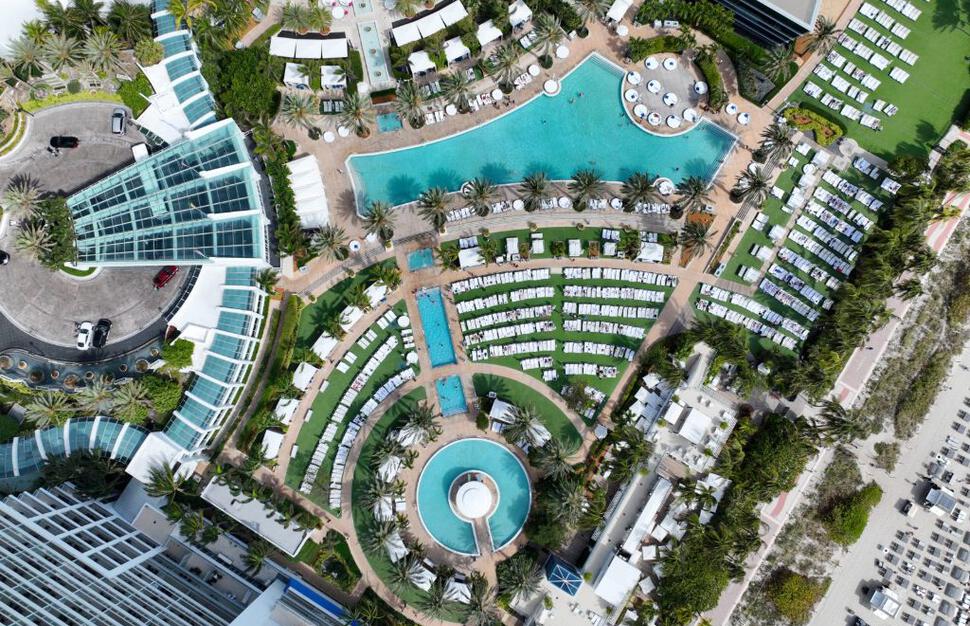 Aerial view of hotel pools