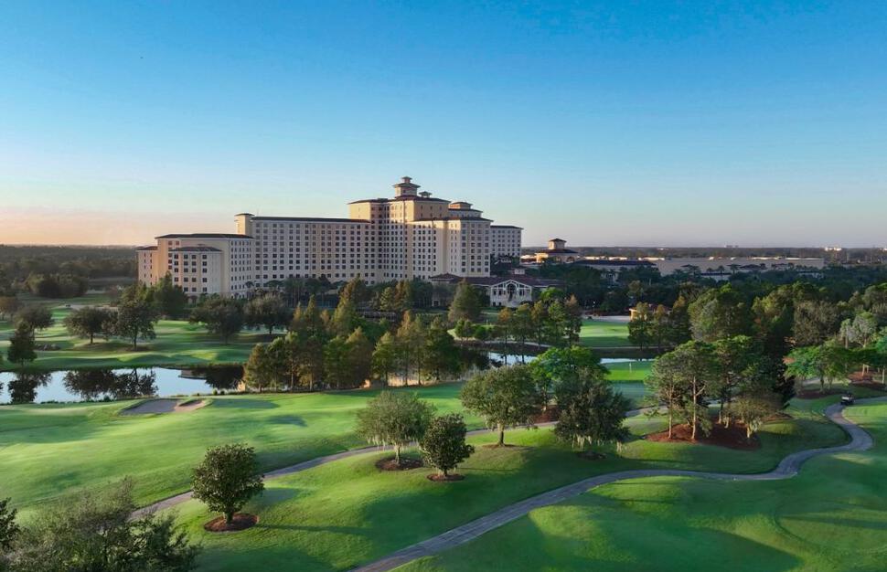 Hotel exterior and golf course