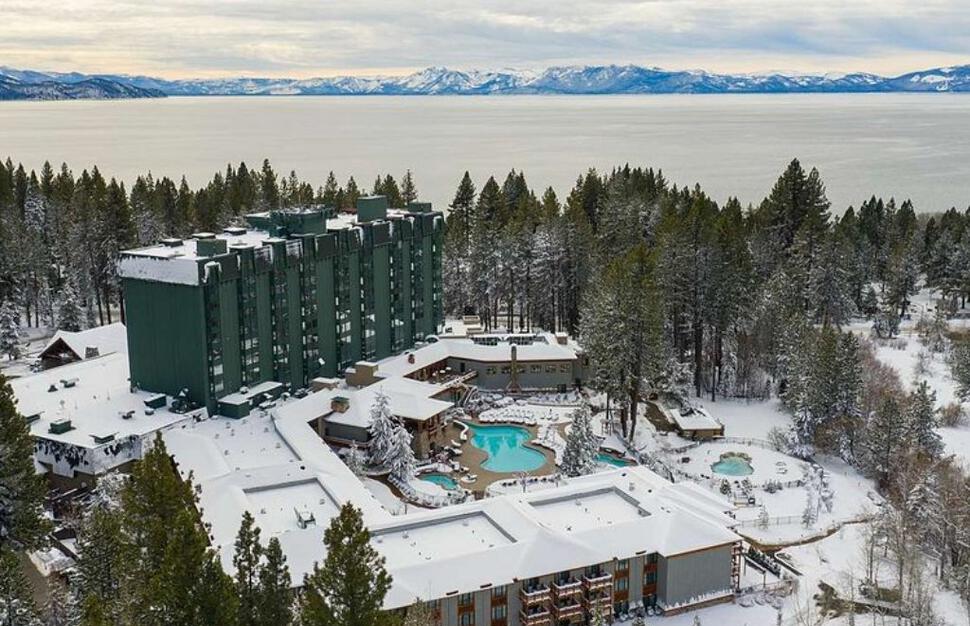 Aerial view of resort in winter