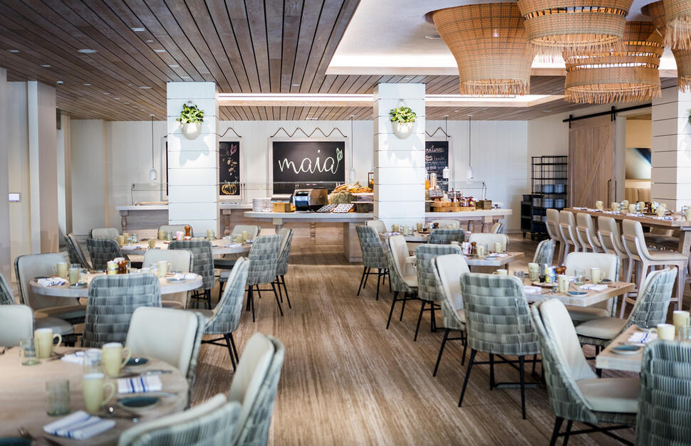 Maia Restauant, hotel dining, interior, tables, chairs